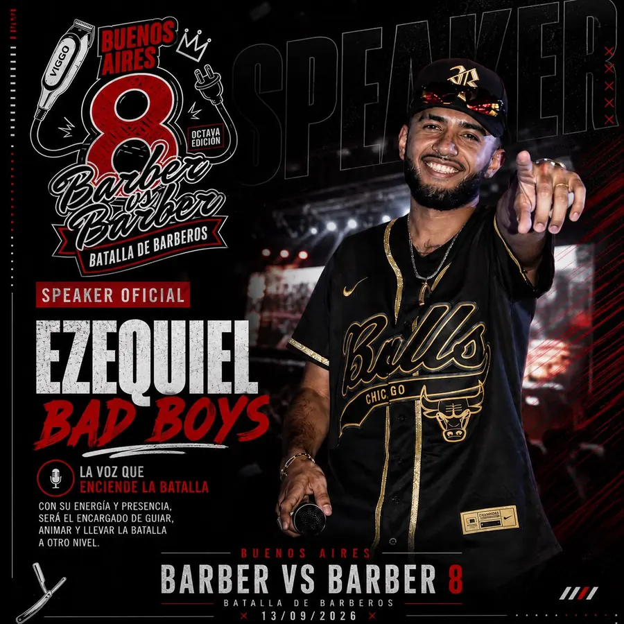 Flyer de Barber vs Barber 8 con Ezequiel Farias como speaker oficial