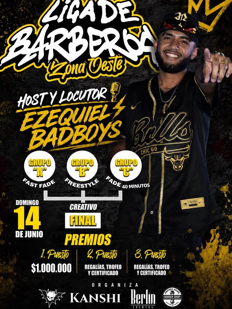 Flyer de la Liga de Barberos Zona Oeste con Ezequiel Farias como host y locutor